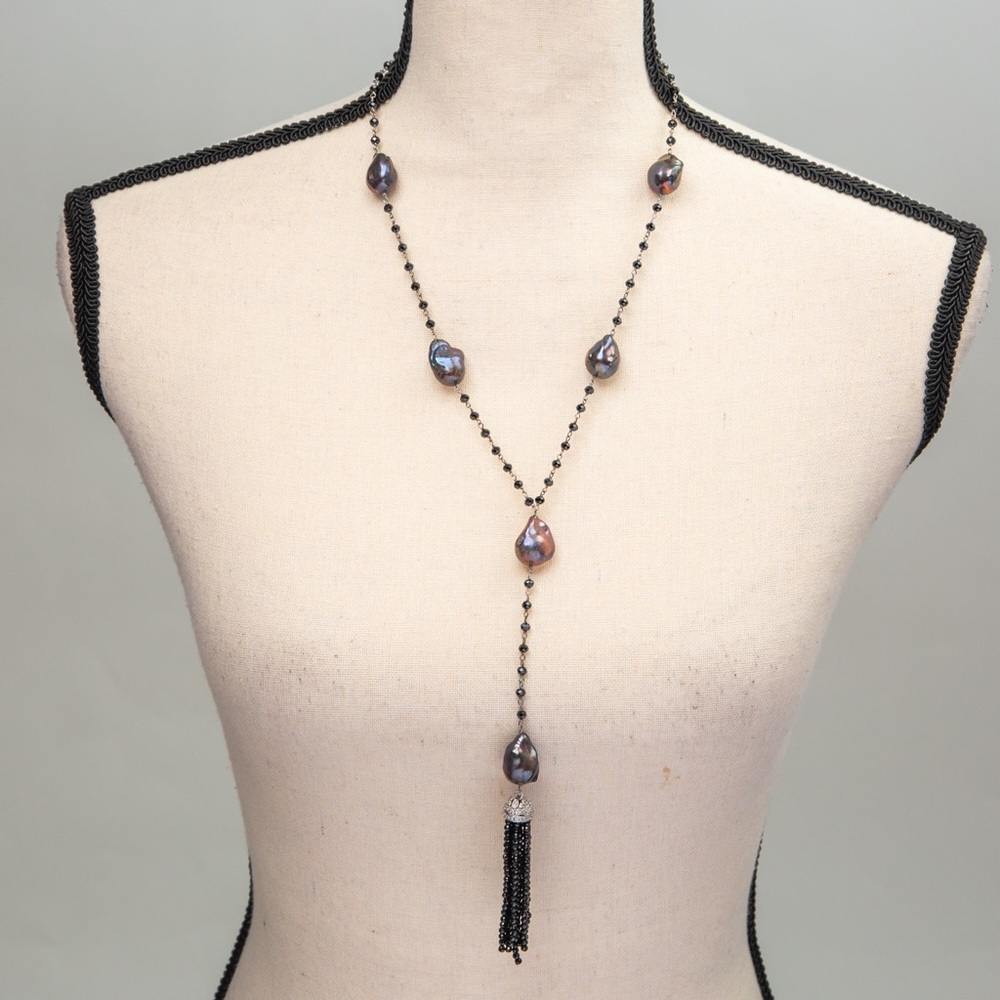Baroque pearls & black spinel tassel necklace Rarities Carol Brodie